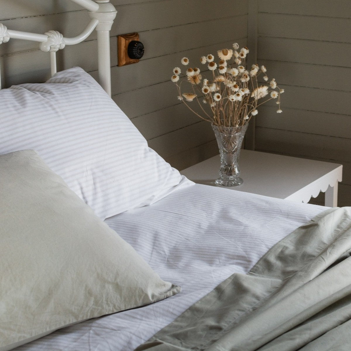 100 Percent Percale Cotton Sheets in Sage and Grey Stripe