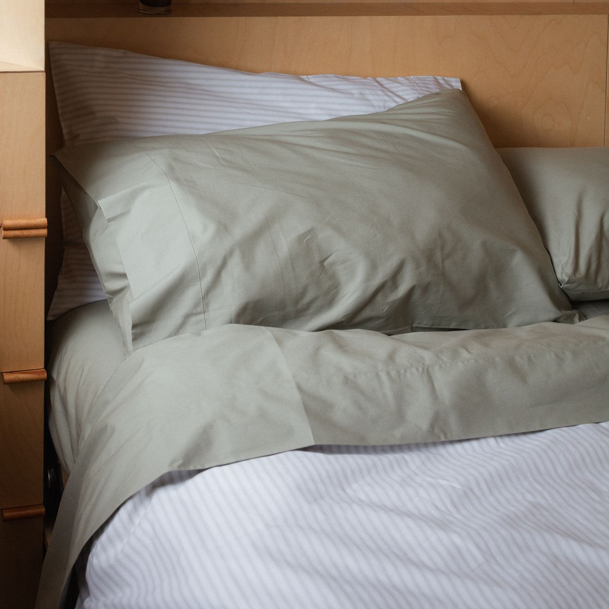 Heavyweight Percale Cotton Sheets Sage Green and Ash Ticking Stripe