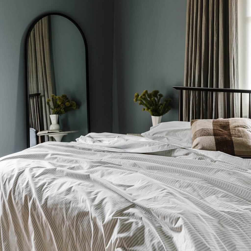 Thick crisp cotton sheet set Australia in grey stripe Ash Ticking Stripe