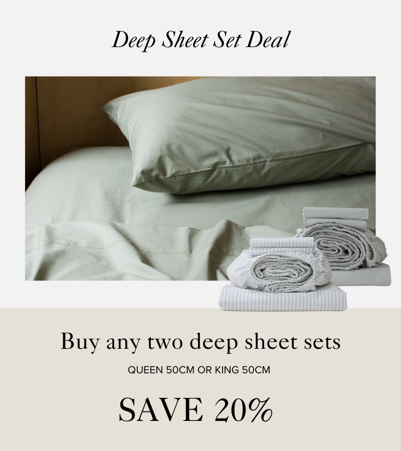 Promotional image of a deep sheet set with folded sheets and pillows on a bed, featuring a discount offer.