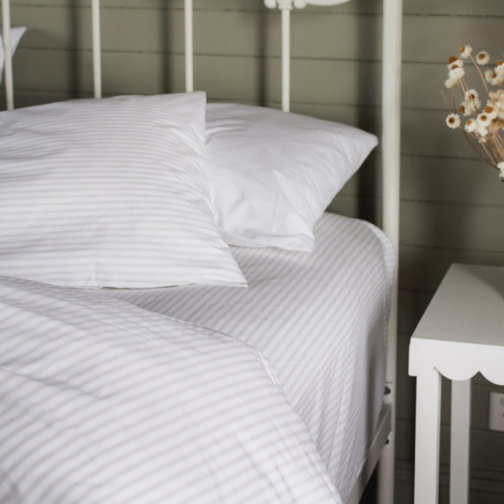 Cotton Percale Sheet Set in Ash Ticking Stripe
