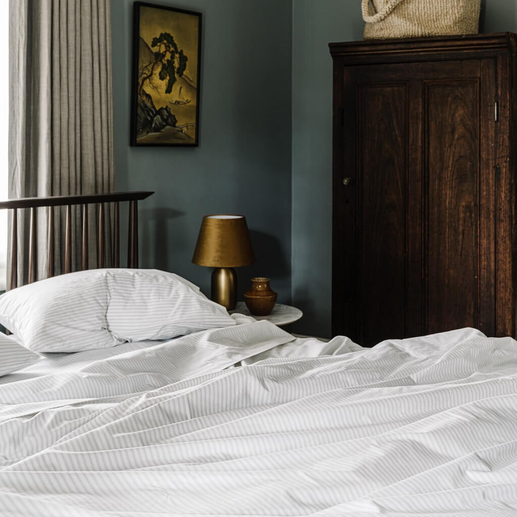 Thick crisp cotton sheet set Australia in grey stripe Ash Ticking Stripe