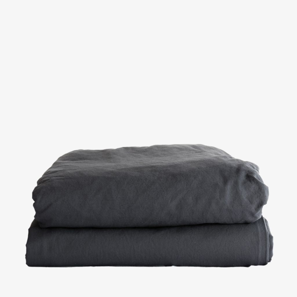 Stonewashed Cotton Percale Flat Sheet Midnight Charcoal Grey